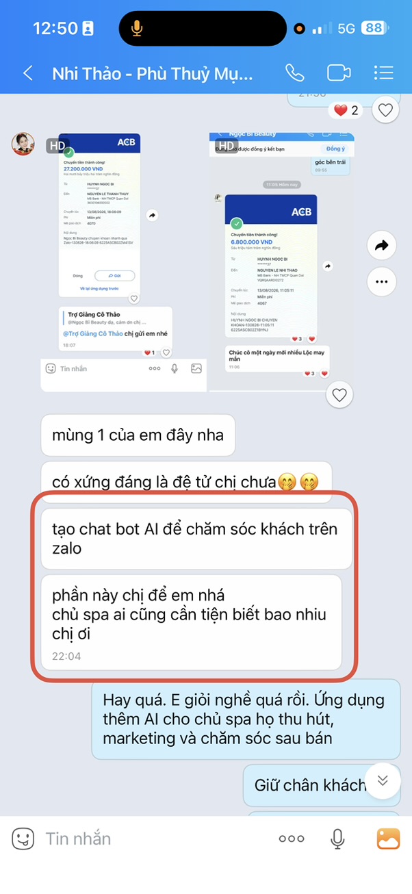 Nhi Thảo: áp dụng tạo bot chăm sóc khách hàng cho spa