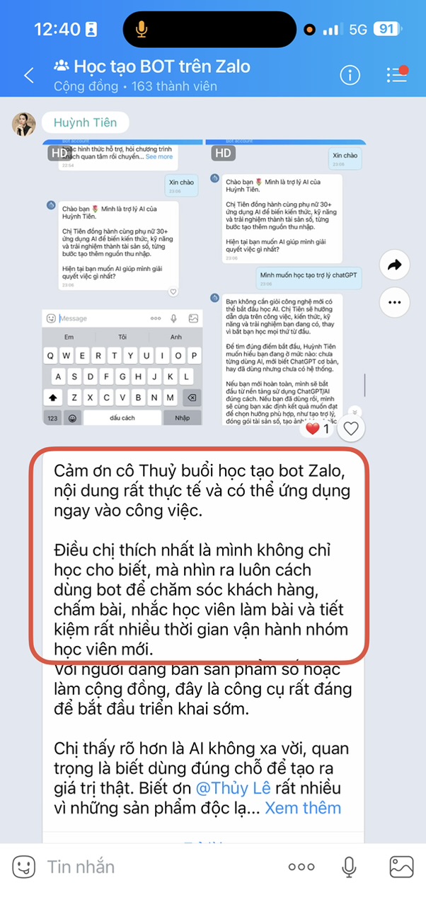 Học viên: bot giúp chăm khách, chấm bài, nhắc học viên, tiết kiệm thời gian vận hành